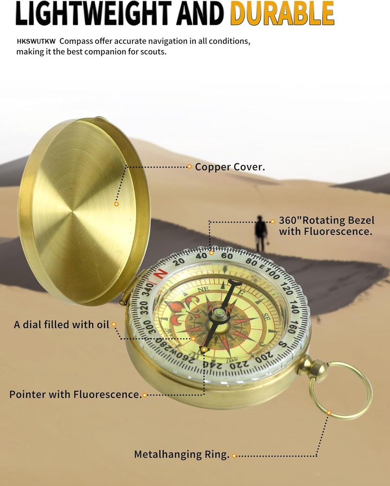 Handcrafted Solid Brass Pocket Compass, 1.8" Mini Navigation Tool for Hiking, Su