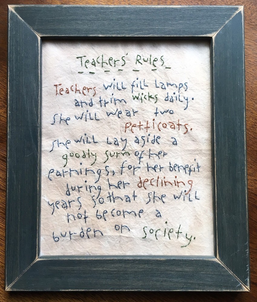 Primitive Country "Teachers Rules" Framed Stitchery Tea Stained Rustic Frame