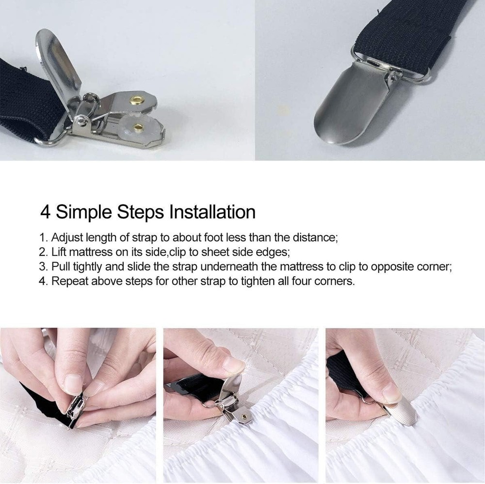 Bed Sheet Clip Straps Adjustable Elastic Gripper for Fitted Sheets 4 Pcs Black