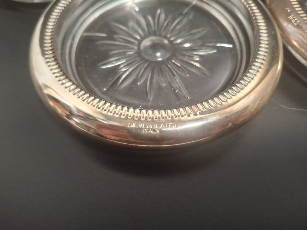 4 Silverplate & Crystal Coasters Leonard Made in Italy Star Pattern Vintage