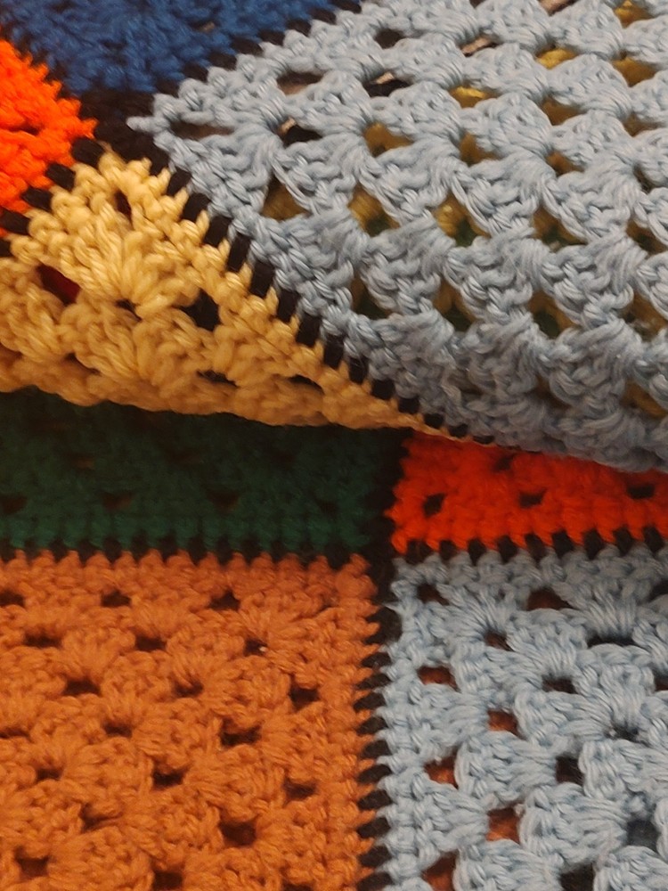 Large 70's Afghan, 90×66 Twin Bed Solid Color Square Patchwork High Quality Yarn