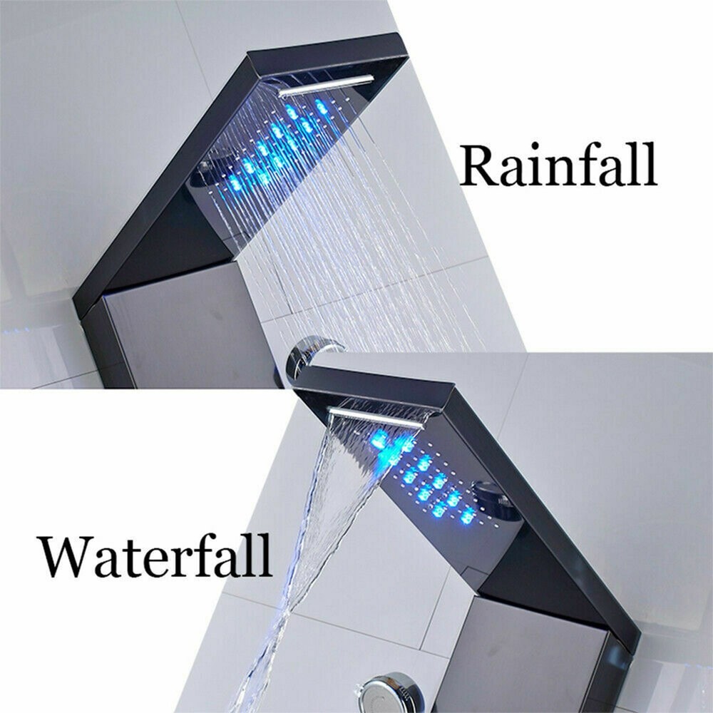LED Brushed Black Shower Panel Tower System Spray Jet Tap Massage