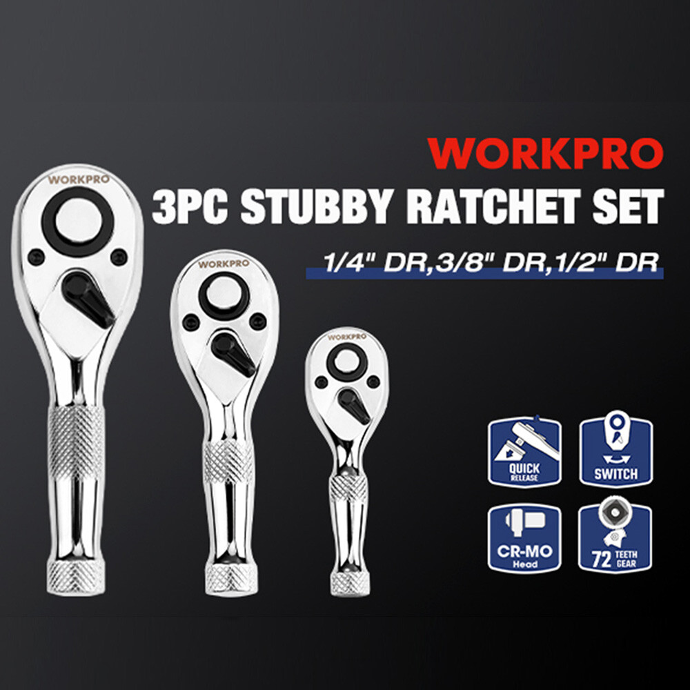 WORKPRO 3PC Stubby Ratchet Set 1/4" 3/8" 1/2" Drive Ratchet Handle Quick Release
