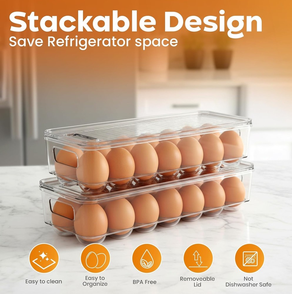 Egg Container with Lid and Handle for Refrigerator Organization- Pack of 2 - Cle