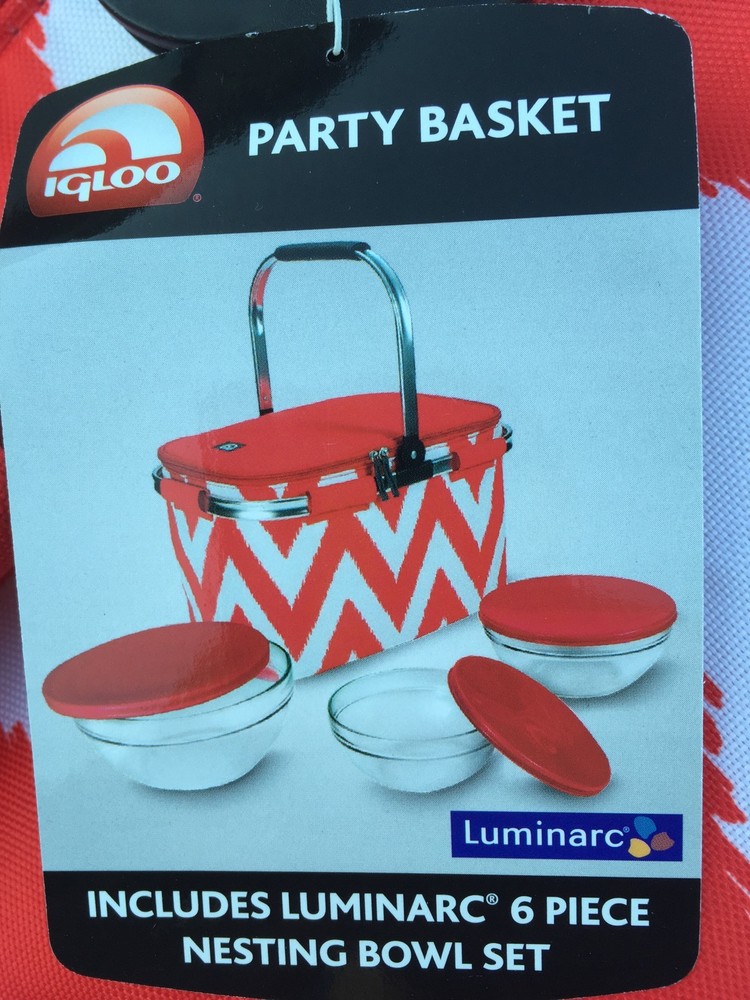 NEW Igloo  Party Basket Includes  6 Piece NESTING BOWL Glassware Set Red white
