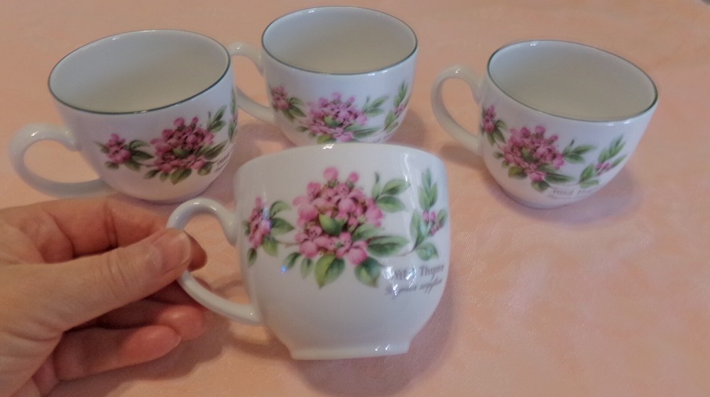 4 Royal Worcester Herbs Replacement Cups Teacups Feverfew Thyme EUC!