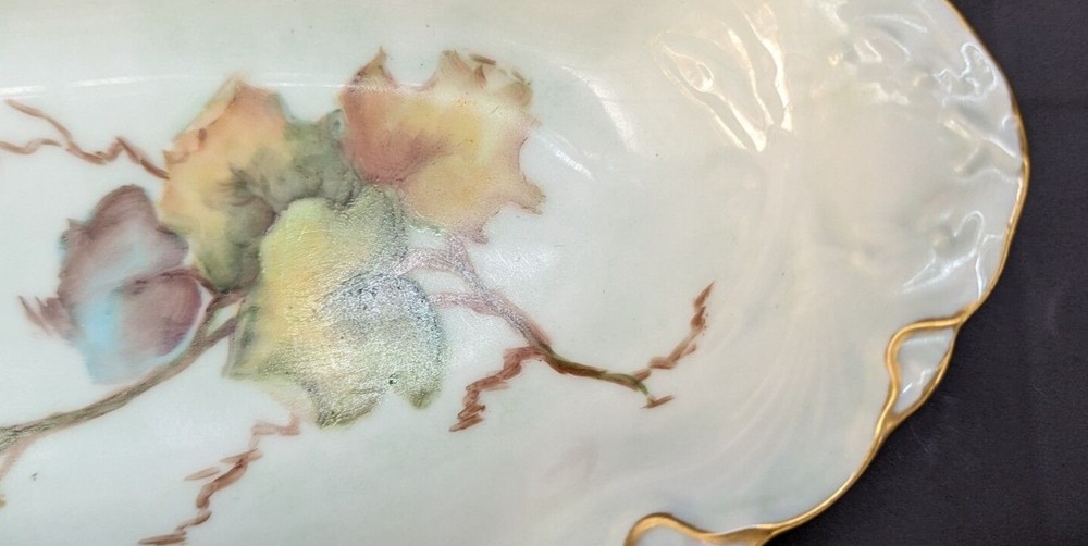 Vintage White Porcelain Oval Serving Dish Hand Painted Grape Leaf Design