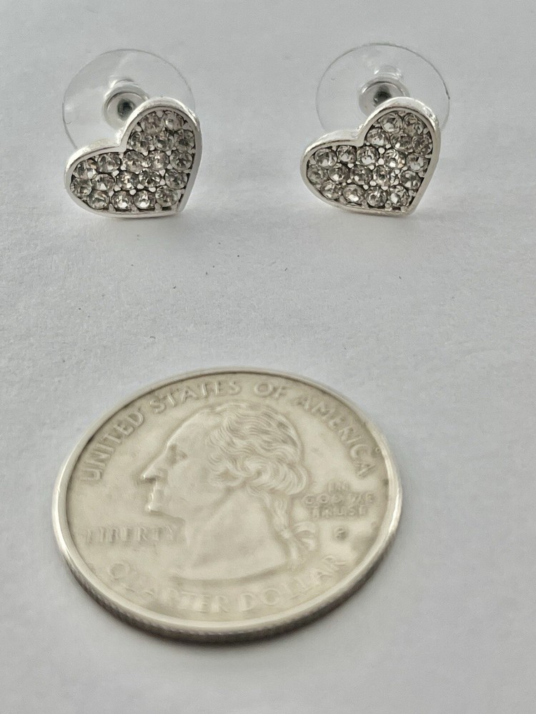 Vintage Pavee Rhinestone Heart Silvertone Stud Earrings