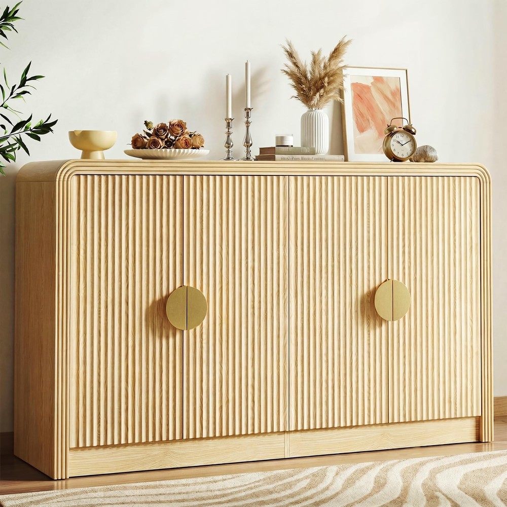 55" Sideboard Buffet Cabinet, Mid Century Modern Console Cabinet with Wavy Gr...