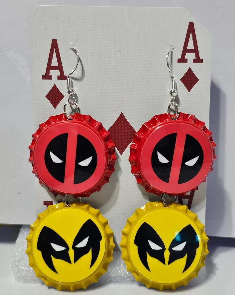Deadpool & Wolverine Bottle Cap Earrings With Hooks - handmade/unofficial
