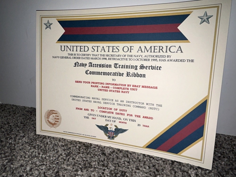 NAVY ACCESSION TRAINING SERVICE COMMEMORATIVE CERTIFICATE ~ W/PRINTING TYPE-1