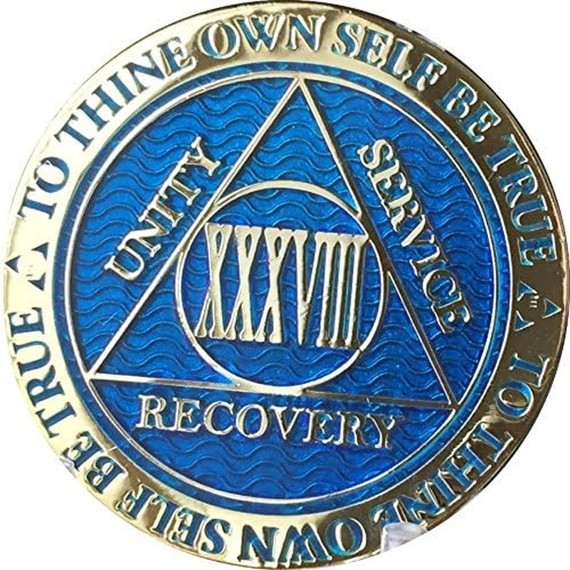 38 Year Reflex Blue Gold Plated AA Medallion Alcoholics Anonymous Chip