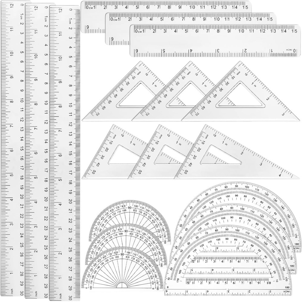 Tenare 18 Pcs Plastic Clear Math Set Includes Protractor Triangle Rulers 12...