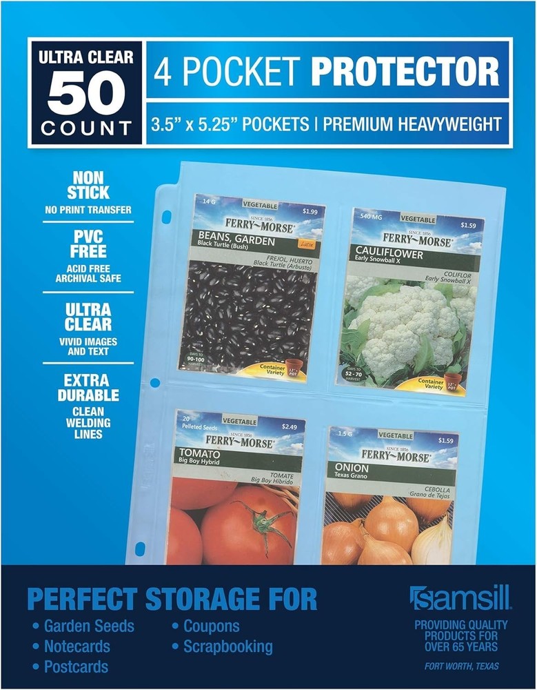 50 Pack Garden Seed Organizer Sleeves Polypropylene 4 Pockets 3 Ring Binder