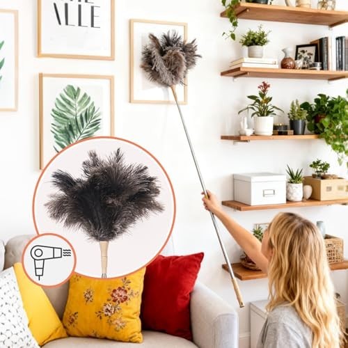 Extendable Feather Duster with Natural Ostrich Feathers, 47” Long Handle for Hig