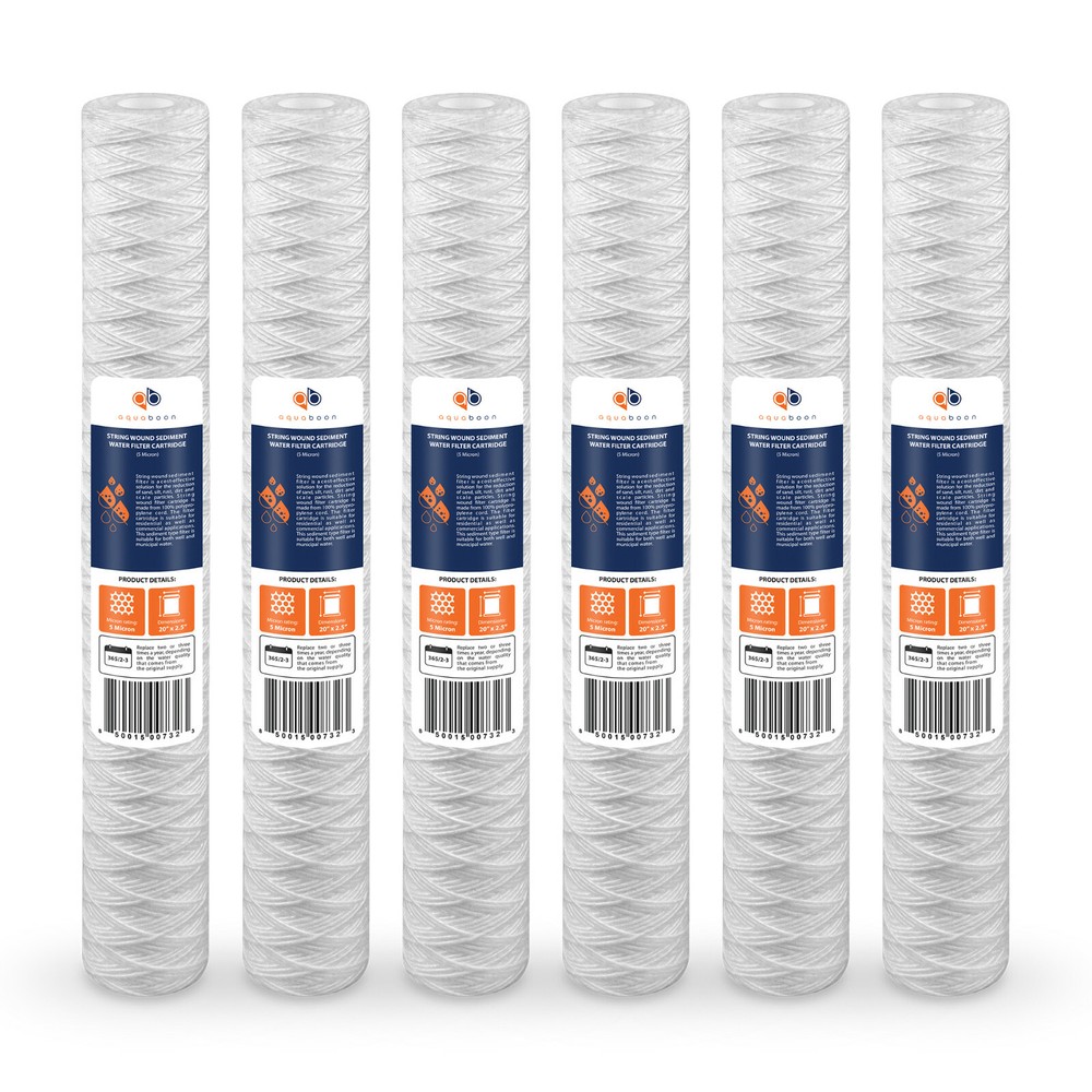 6 Pack of 5µm Wound String Sediment Water Filter Cartridges 20"x2.5" By Aquaboon