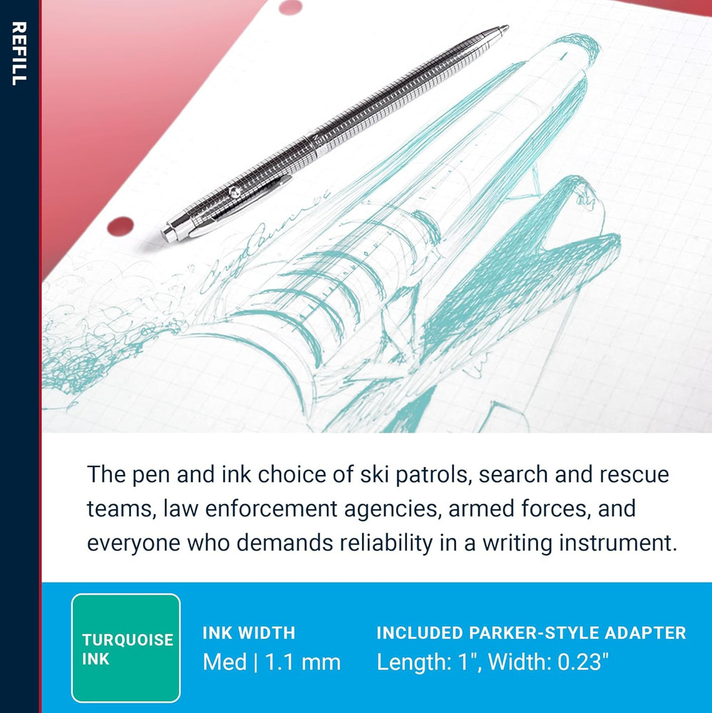 Space Pen Medium Point Pressurized Cartridge Refill, Turquoise Ink, 1 Pack