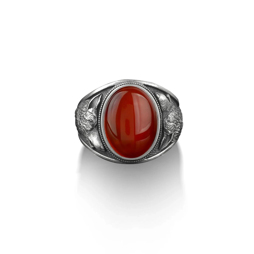 Solid 925 Sterling Silver Natural Red Carnelian Gemstone Howling wolf Men's Ring