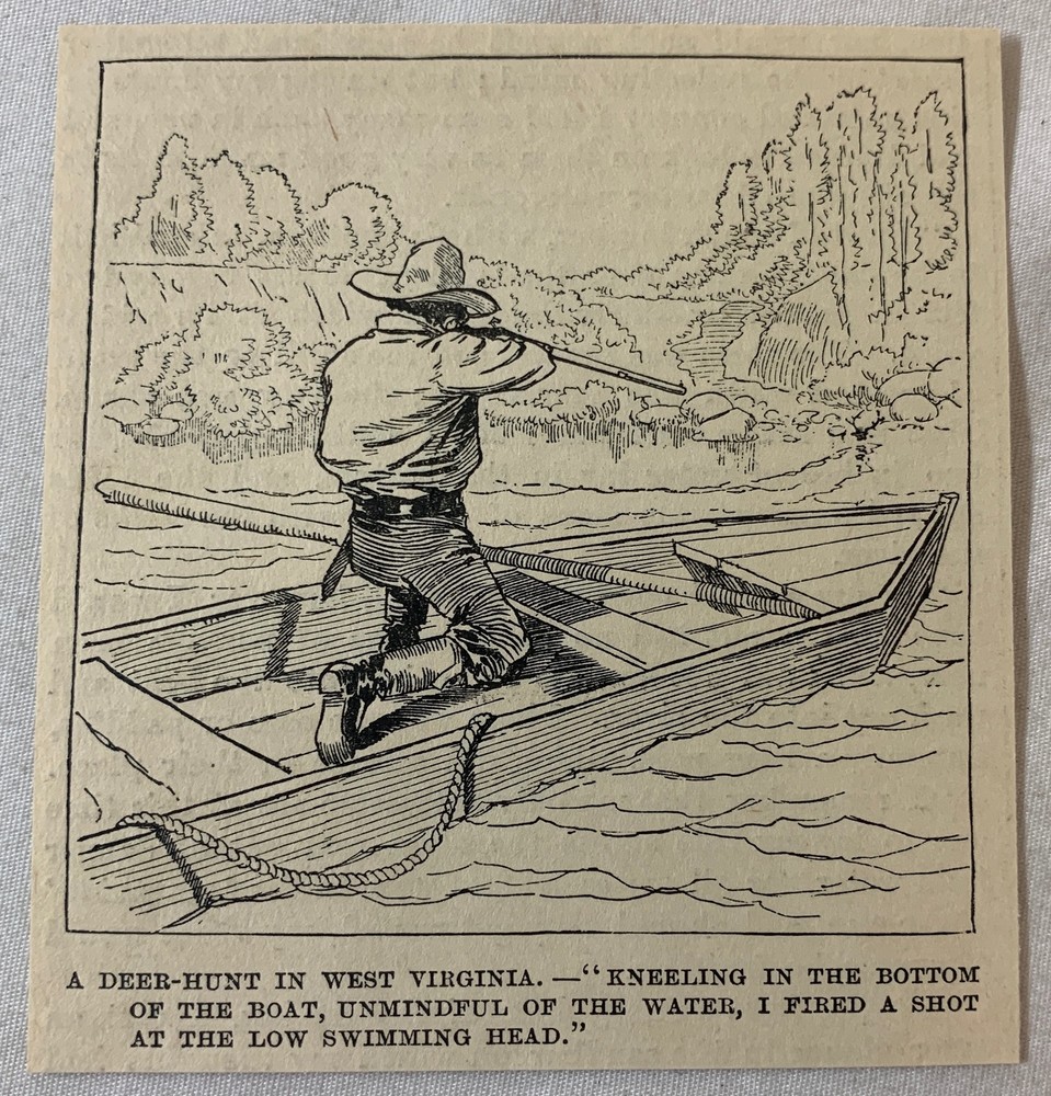 1886 magazine engraving ~ DEER HUNTER AIMING FROM THE BOAT