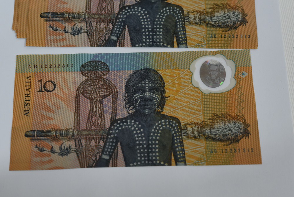 1988 $10 Bicentennial Polymer - 10 Consecutive Australian Banknote Prefix AB 12