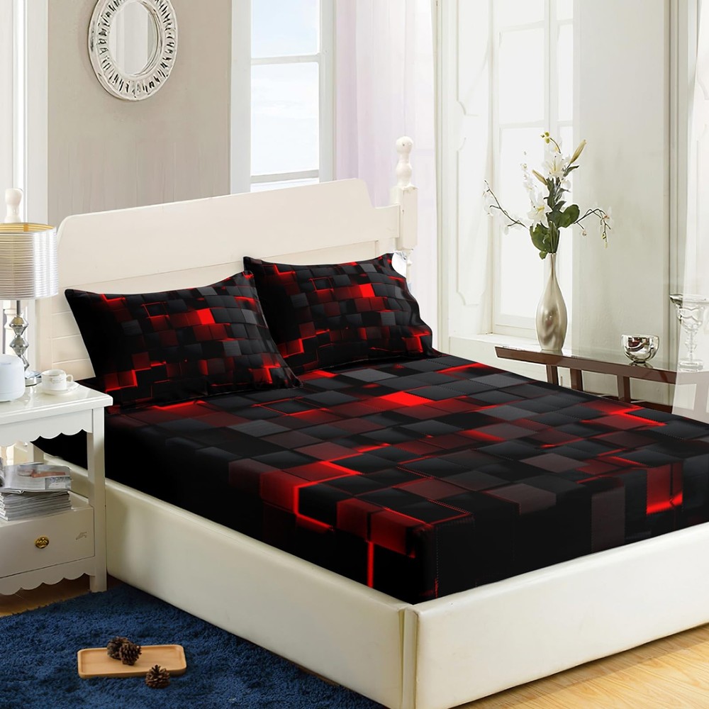 Soft Bedding Fitted Sheet Queen Size,Geometric Red Black Microfiber Fitted Sh...