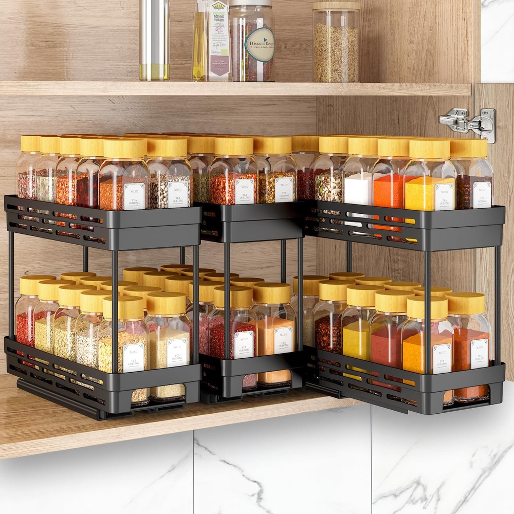 Pull Out Spice Rack Organizer for Cabinet, 3 Packs Slide 3 Pack, Black