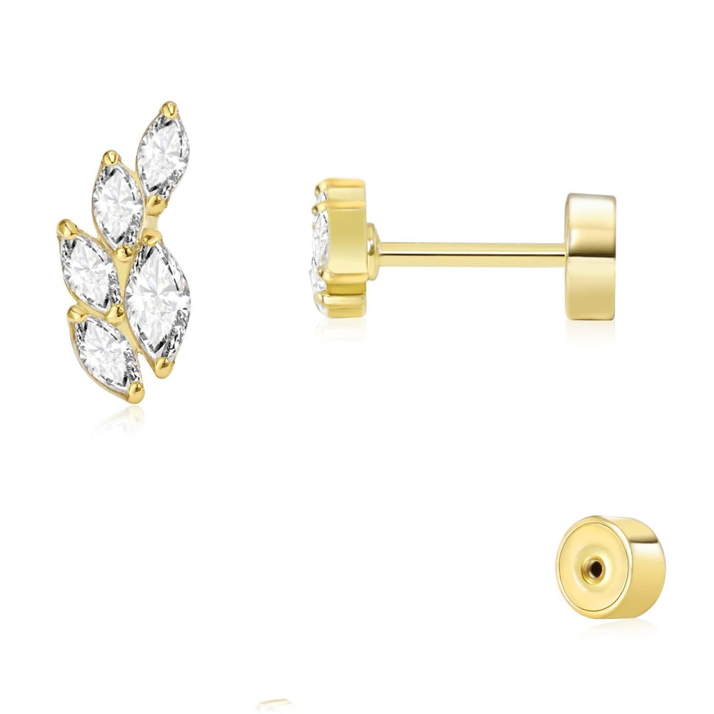 Threadless Flat Back Earrings, Hypoallergenic 14K Real Gold Plated CZ Leaf Stud