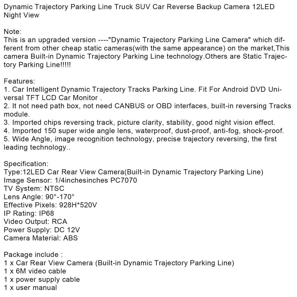 150º Dynamic Trajectory Car Rear View Reverse Backup Parking Camera Night View,