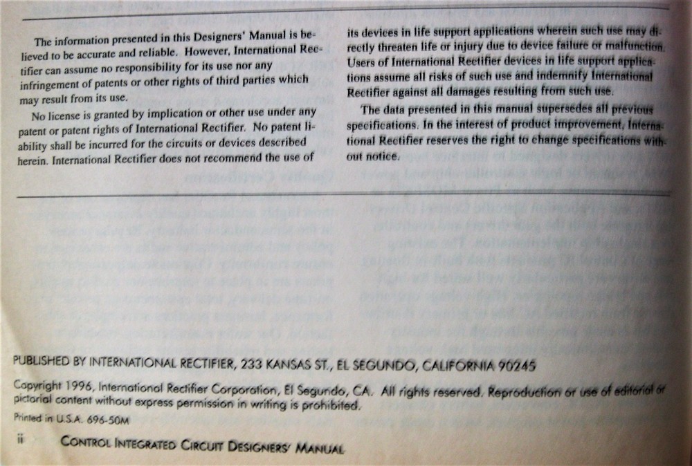 Control Integrated Circuits Designers Manual International Rectifier Electronics