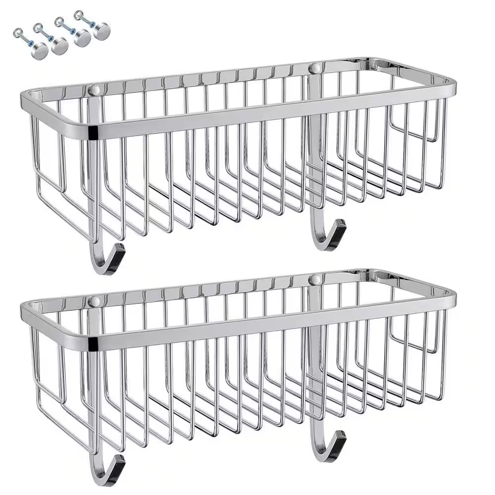 2 Pack Wall Mounted Rectangle Shower Caddy Shower Basket with 2 Detachable Hooks