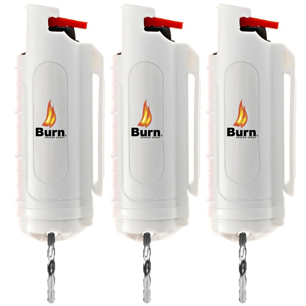 3 Pack BURN Pepper Spray Self Defense  1/2oz Security Keychain Molded White