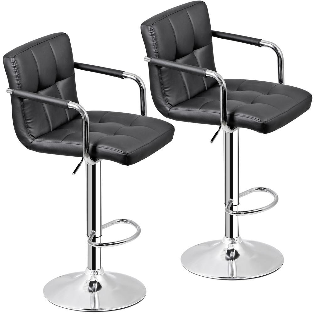 2PCS Adjustable Bar Stools PU Leather Modern Dinning Chair with Armrest Black