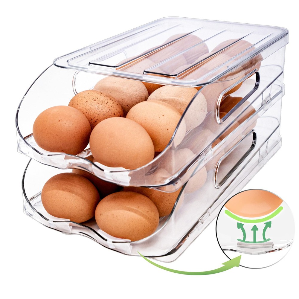 SMRCAD Egg Holder for Fridge, Automatic Steady Rolling Egg Container with Soft B