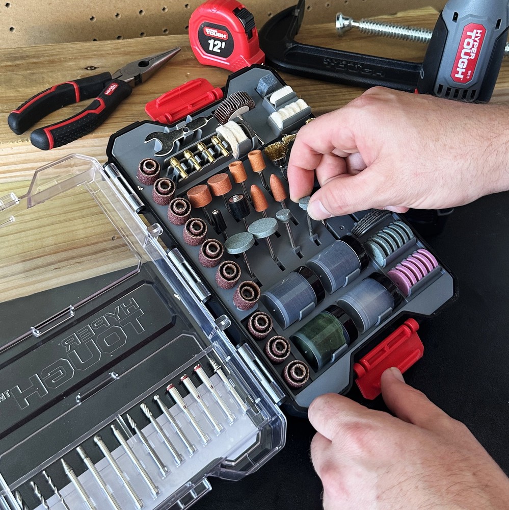 ROTARY TOOL ACCESSORY KIT 200-Piece Sanding Bands Felt Wheels Drill Bits w/Case