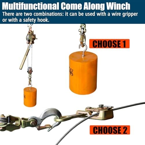 Portable Cable Winch Puller Kit 2200lbs, Steel Wire Tensioning Tool & Hooks, Gri