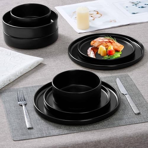 Dinnerware Sets with Pasta Bowls for 4 Piece Dinner Salad 16 Matte Black