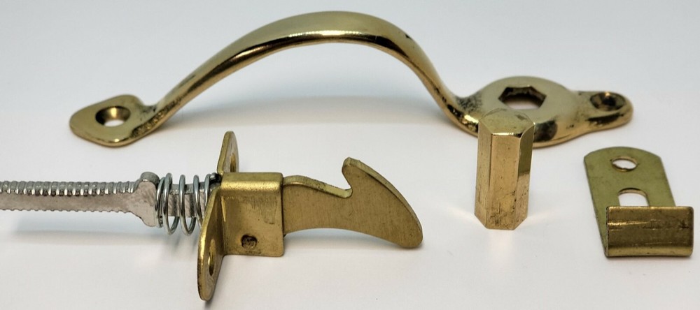 PUSH BUTTON LATCH cast brass cabinet handle pull catch door drawer antique vinta