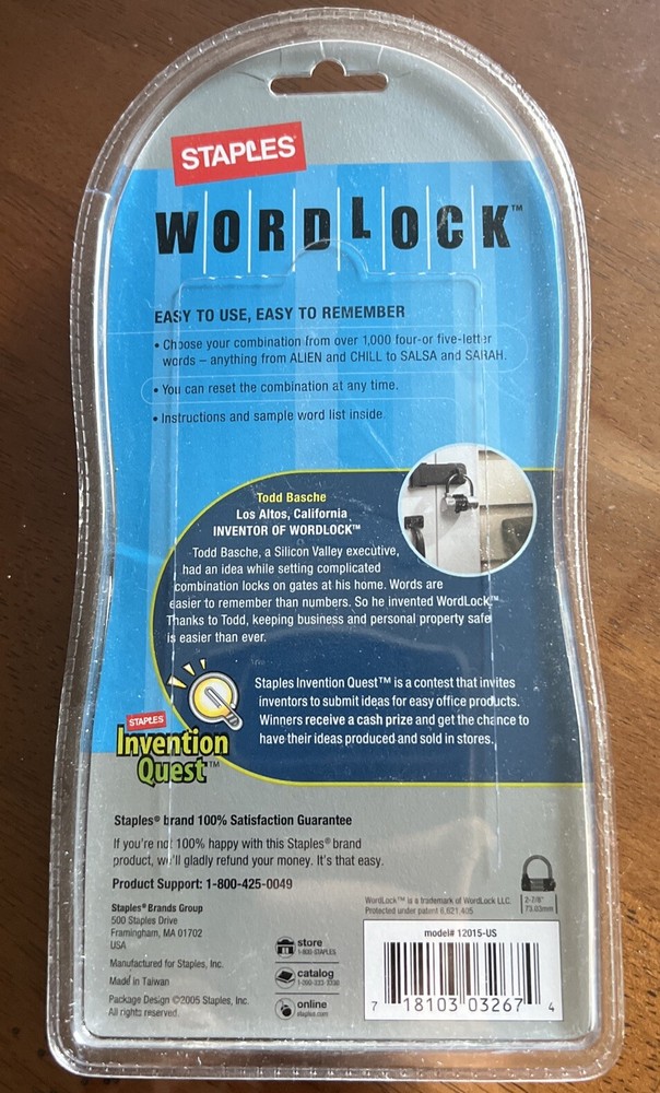 Staples WordLock Easy-To-Remember Combination Lock Model #12015-US