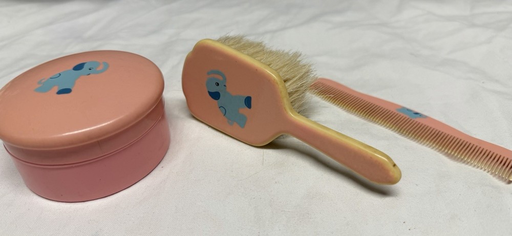Mcm Celluloid Baby Brush, Comb, & Covered Jar. #7