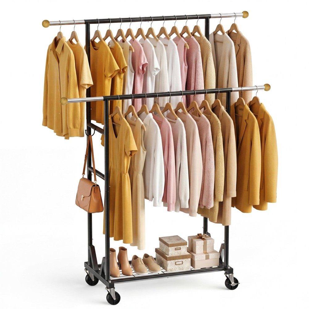 Rolling Garment Rack - Double Rod Clothes Rack with Lockable Casters, Mesh St...