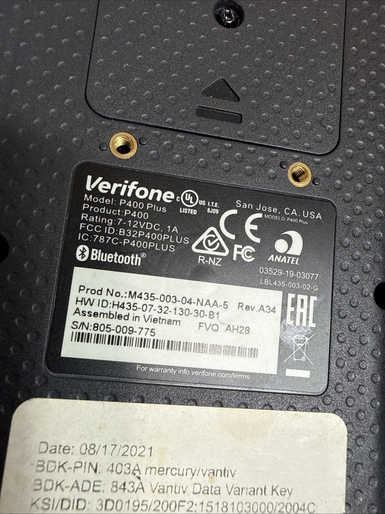 Verifone P400 Plus Credit Card Reader - POWERS ON / UNTESTED / SOLD AS IS!