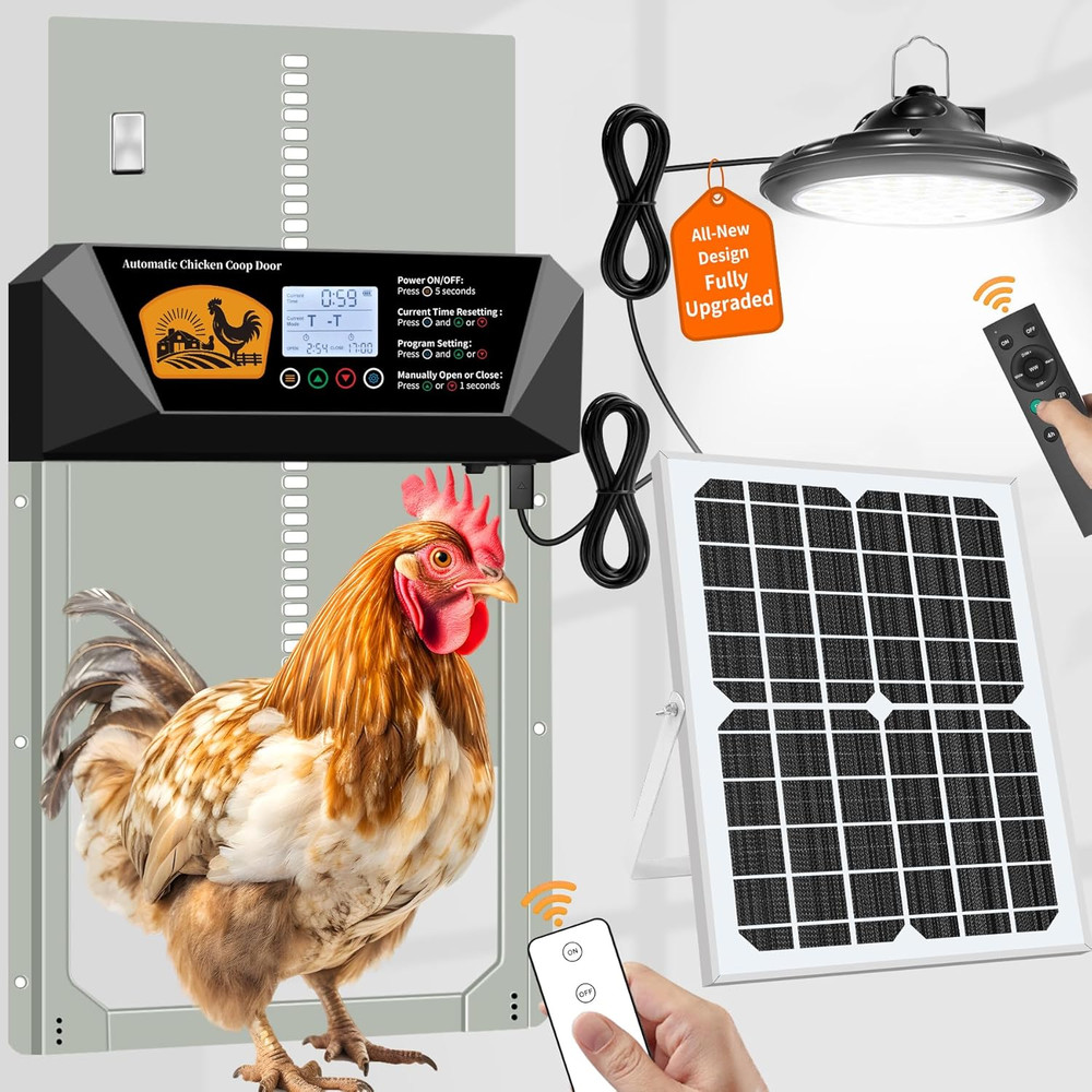 Automatic Chicken Coop Door with Solar Panel & Light - Solar Powered, Timer & Re
