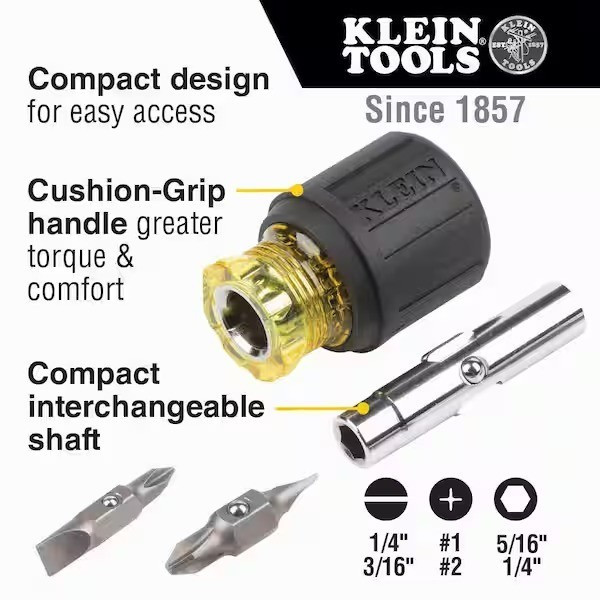 Klein Tools 32561 Stubby Screwdriver Nut Driver 6-in-1 Multi-bit Tool Free Ship