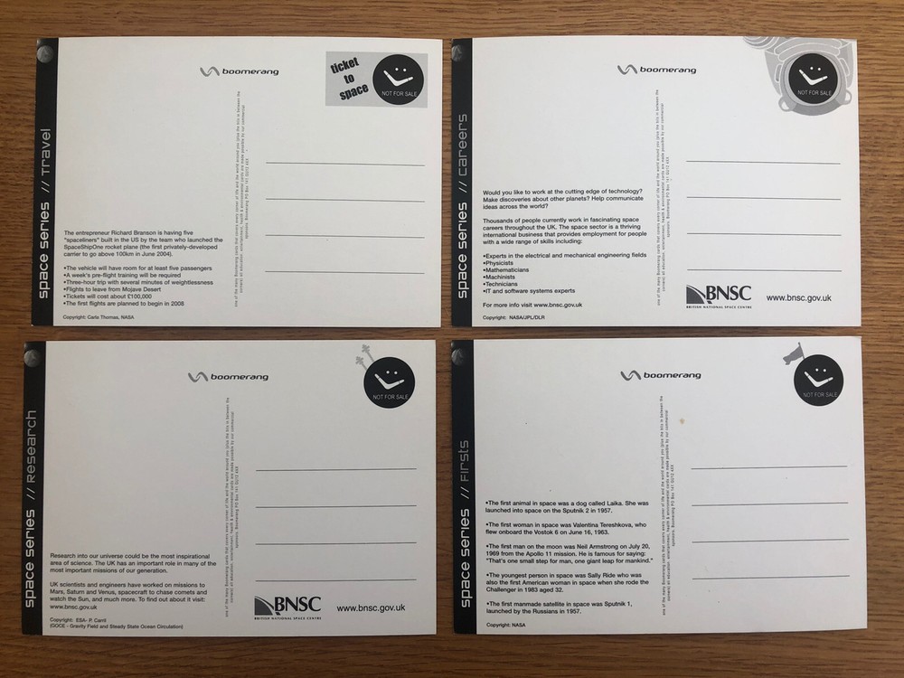 4 different BRITISH NATIONAL SPACE CENTRE OFFICIAL POSTCARDS