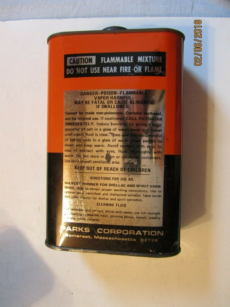 Parks Solvent Alcohol 32 oz Tin Can by Empty Parks Corp Somerset Mass