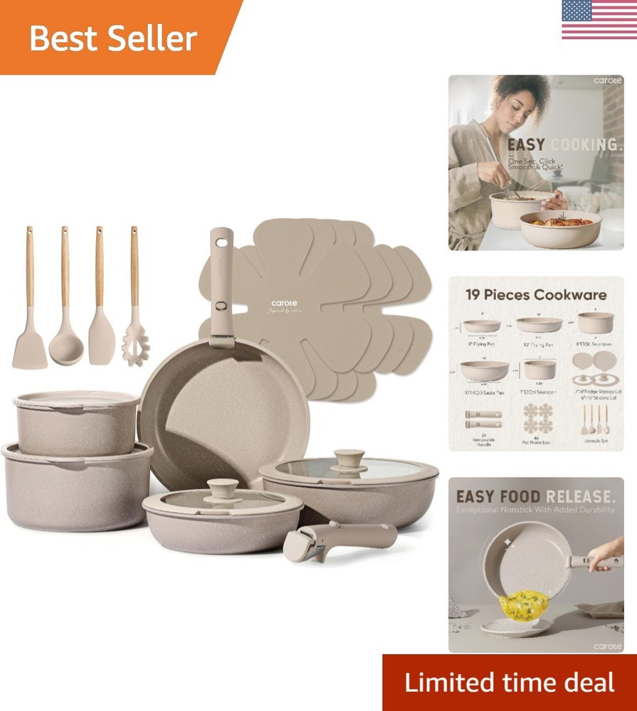 19-Piece Nonstick Cookware Set with Detachable Handles for Effortless Cooking