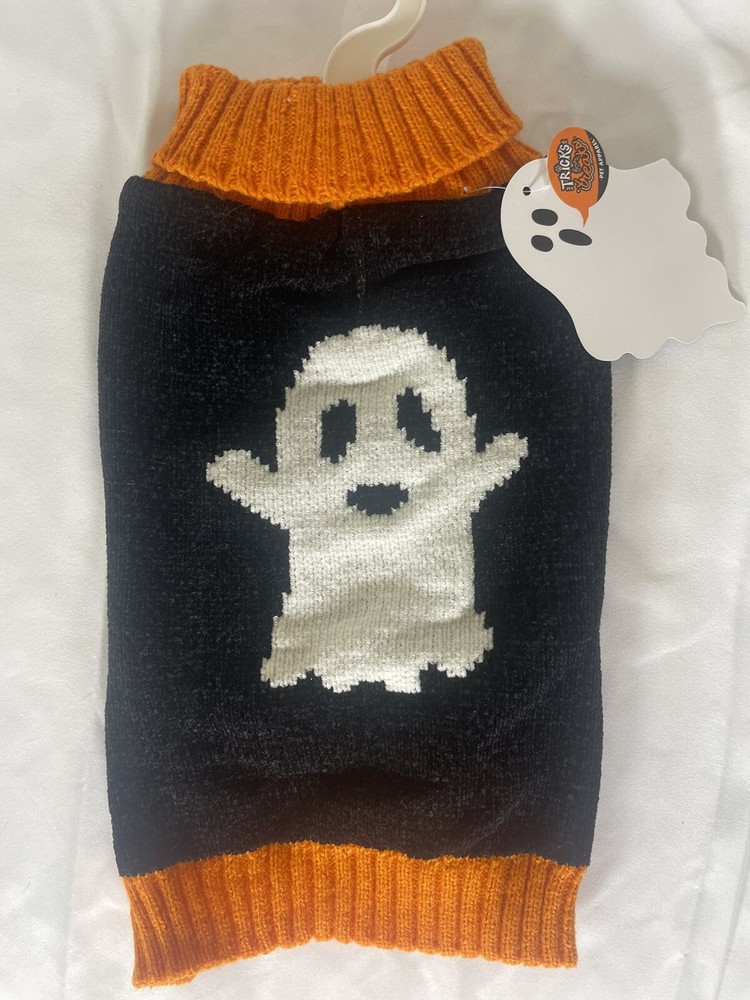 Pet sweater for Halloween super soft orange black ghost size extra small