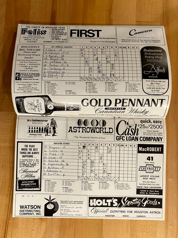 1968 Houston Astros vs Los Angeles Dodgers Scored Programs with Rusty Staub