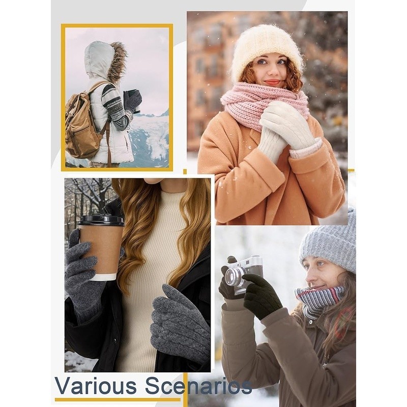 Warm Wool Gloves Touchscreen Compatible Cable Knit Ribbed Cuffs Winter Use