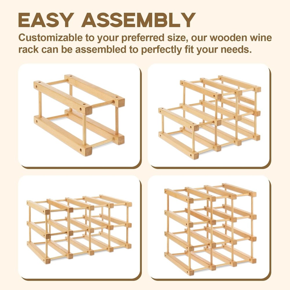 Wooden Wine Rack, 12-Bottle Stackable Wooden Wine Rack, Stackable Modular Wine